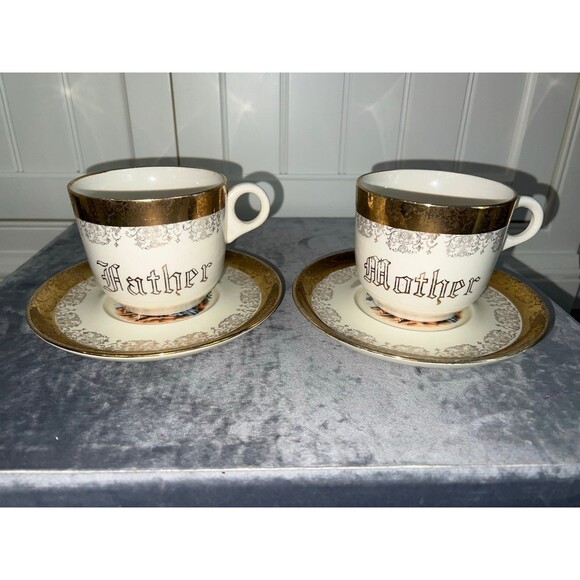 Vintage Sabin Tea Set 22K Gold Trimmed, Rare Mother & Father Cups Saucers set - Picture 5 of 6